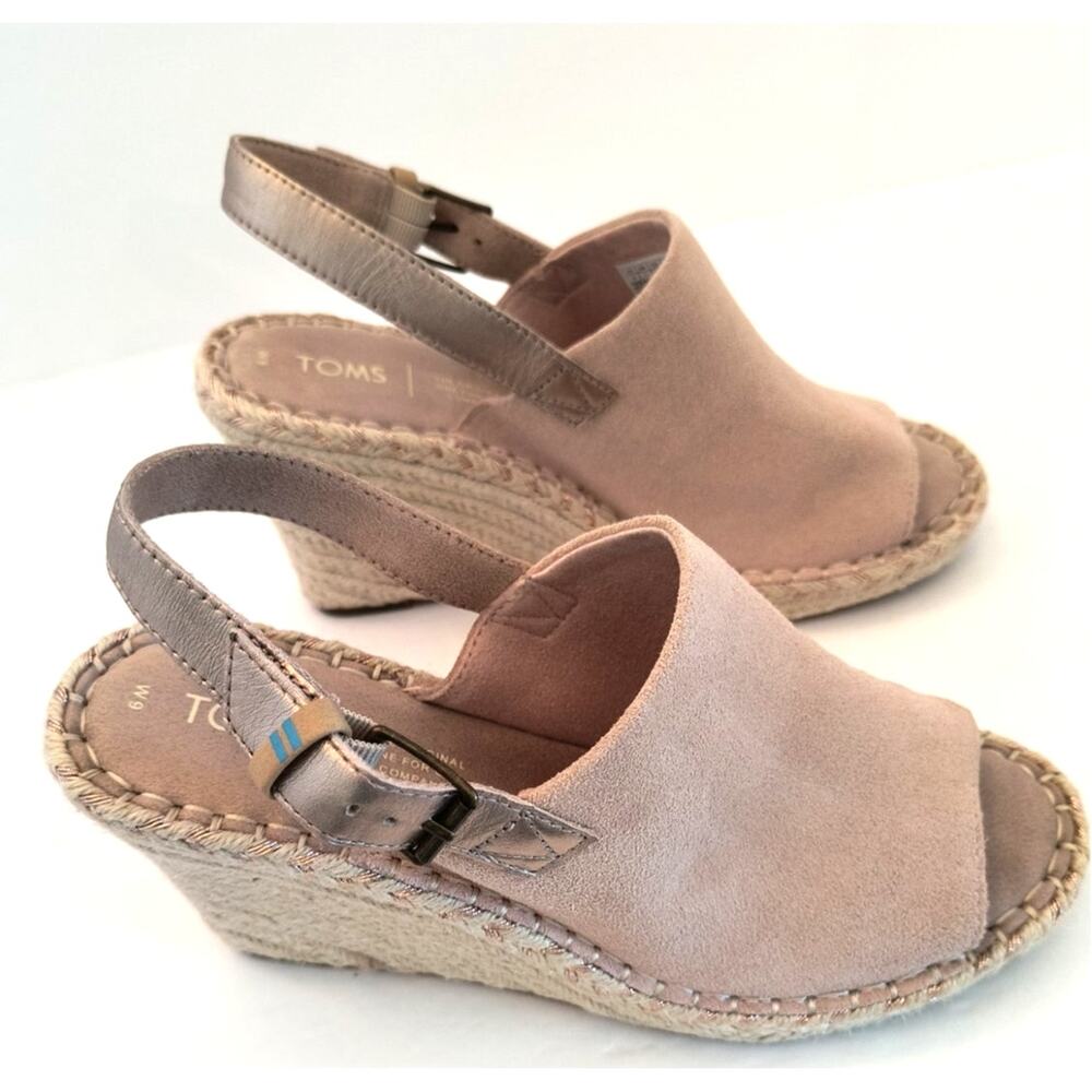 Toms Monica Wedge Suede Heels Women's Size 9 Taupe 4 inch open Toe